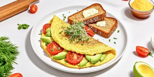 Einfaches Avocado-Omelett mit frischen Tomaten und Alfalfasprossen