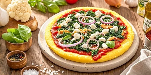 Glutenfreie Low-Carb Polenta-Pizza mit Spinat & Schafskäse