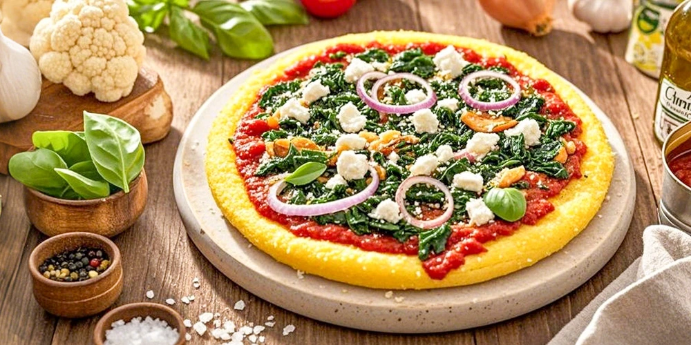 Rezept: Glutenfreie Low-Carb Polenta-Pizza mit Spinat und Schafskäse