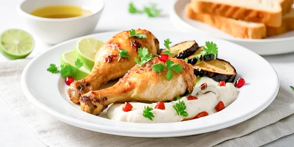 Rezept: Koriander-Hühnchen mit exotischem Auberginen-Granatapfel-Joghurt